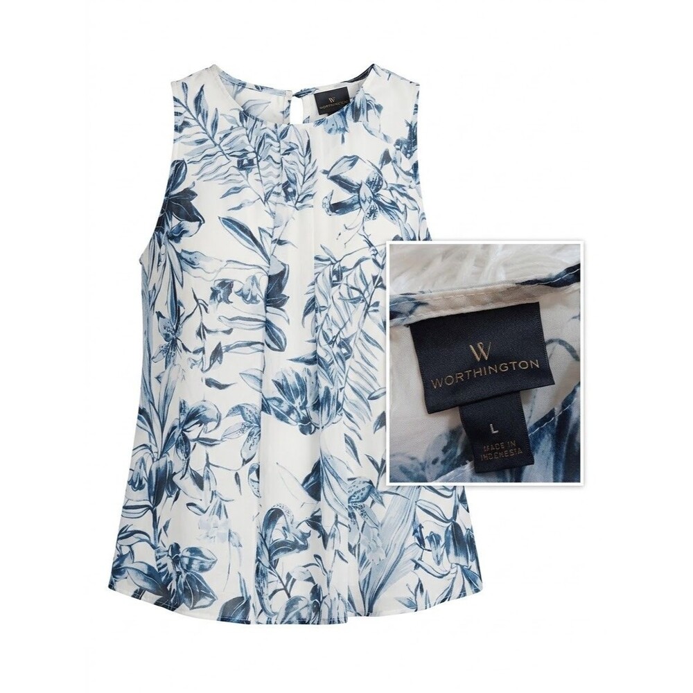 Worthington Womens Blue White Floral Chiffon Tank Top Sleeveless Blouse Lined L